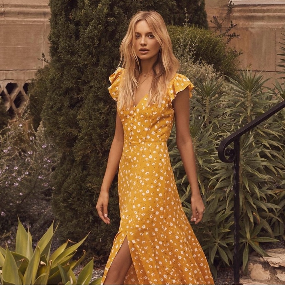 Lulus Mustard Yellow Floral Maxi Dress - Size S, New with tags